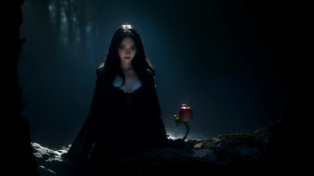 Snow White portrait, poisoned by torment, holds a poisoned apple in a dark environment. Her figure is intertwined with shadows, and the paleness of her face contrasts with the dark forest around her. In her hand, the apple glows like forbidden fruit, and her gaze is full of drama and inevitability., In the background, a centuries-old dark forest, a Gothic castle looms, its towers seeming to reach into the sky. The castle's stone walls are barely visible in the darkened surroundings, creating an unsettling setting. The entire composition exudes mysterious tension, where the fate of Snow White intertwines with the dark history of the castle and the terrifying surroundings of the forest., high detail, Gothic art, Romanticism, depth of field, cinematic lighting, backlighting, masterpiece, high quality, highres