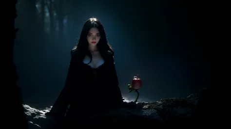 Snow White portrait, poisoned by torment, holds a poisoned apple in a dark environment. Her figure is intertwined with shadows, ...