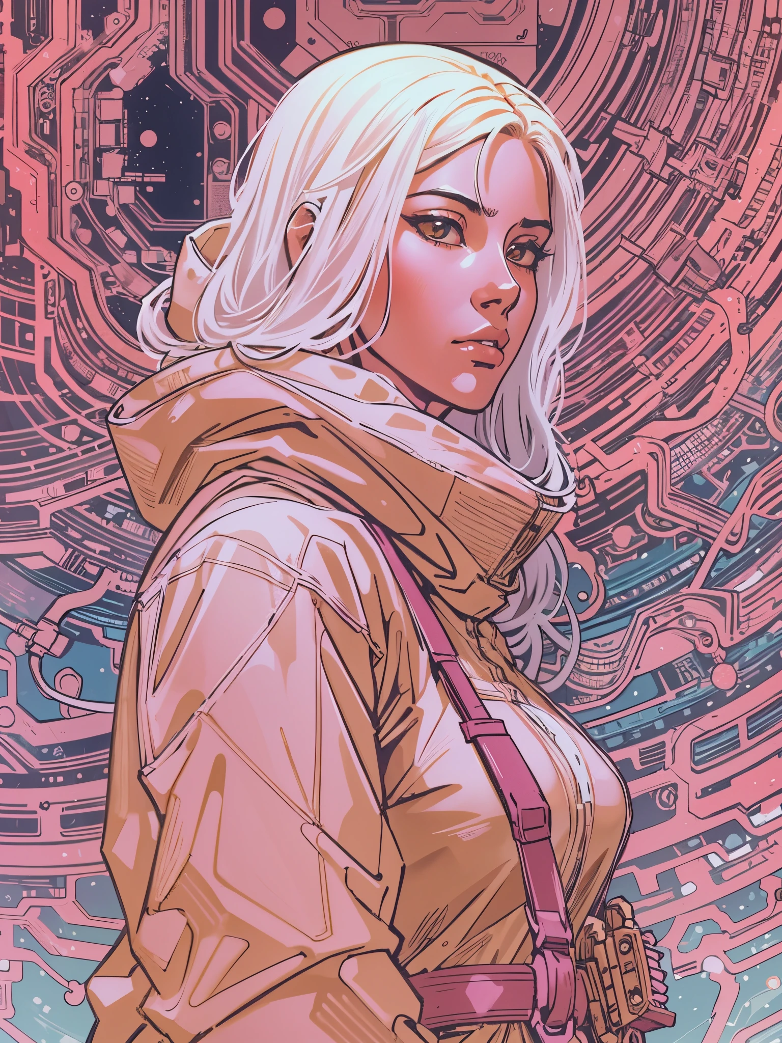 1monk warrior girl with pink techwear clothes, white long hair, laces, abstract vintage scifi background, art by Moebius