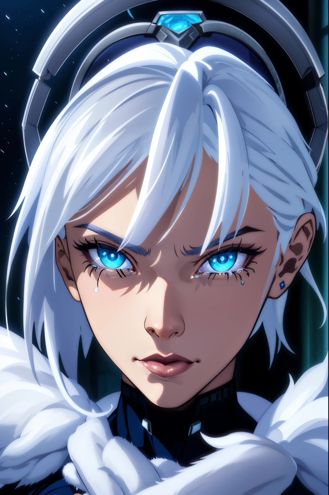 (extrem detailliertes CG Unity 4k-Hintergrundbild),(Meisterwerk),(beste Qualität),(ultra-detailliert),(beste Illustration),(bester Schatten),(absurdesten),(detaillierter Hintergrund) Killer-Frost, Nahaufnahme, wütend, Tränen, blizzard, starker Schneefall, winter, Nacht, weißes Haar, blaue Augen,