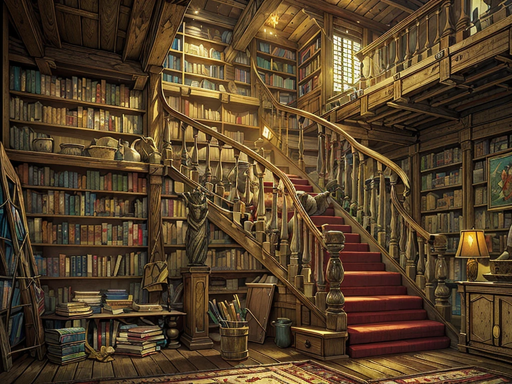 （（（masterpiece、Highest image quality、highest quality、highly detailed unity 8ｋwallpaper）））、（（（fantasy、grand library、Castle library）））、（Large amount of books、Lined bookshelves、large staircase、３Storey）、high ceilings、dimly lit room、A messy floor with piles of books