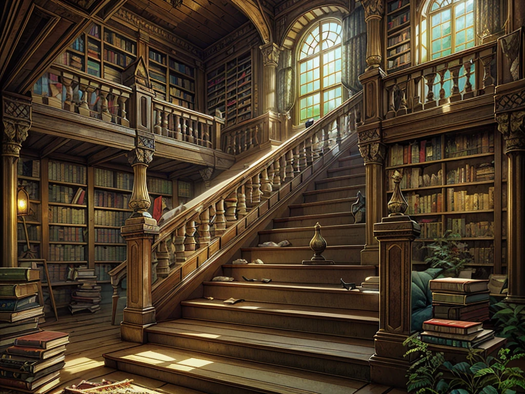 （（（masterpiece、Highest image quality、highest quality、highly detailed unity 8ｋwallpaper）））、（（（fantasy、grand library、Castle library）））、（Large amount of books、Lined bookshelves、large staircase、３Storey）、high ceilings、dimly lit room、A messy floor with piles of books