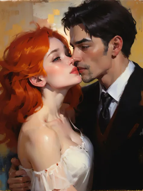 Beautiful Russian  girl and beautiful elegant British cute man ,she ginger hair , he black hair ,happy expression, Two beautiful lovers kiss sensual body passionately on neck, hands on the body，background doctor studio ，inks，acrycle painting，masterpiece，Re...