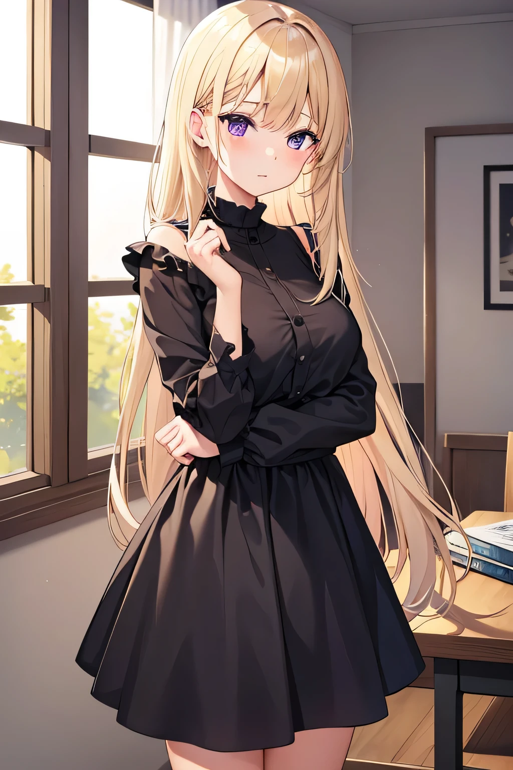 Anime girl in black dress standing in front of a window - SeaArt AI