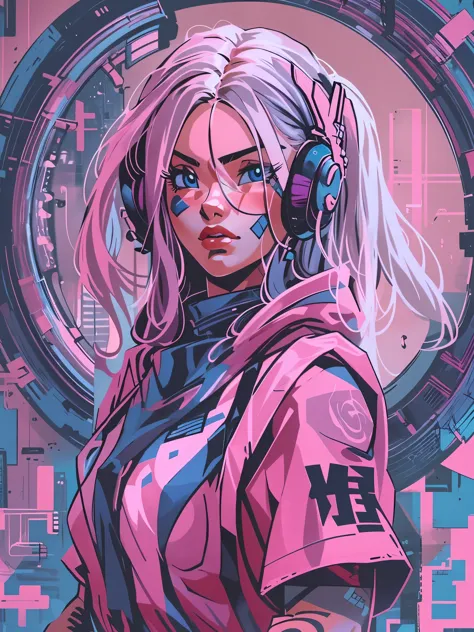1monk warrior girl with pink techwear clothes, blue long hair, laces, abstract vintage scifi background