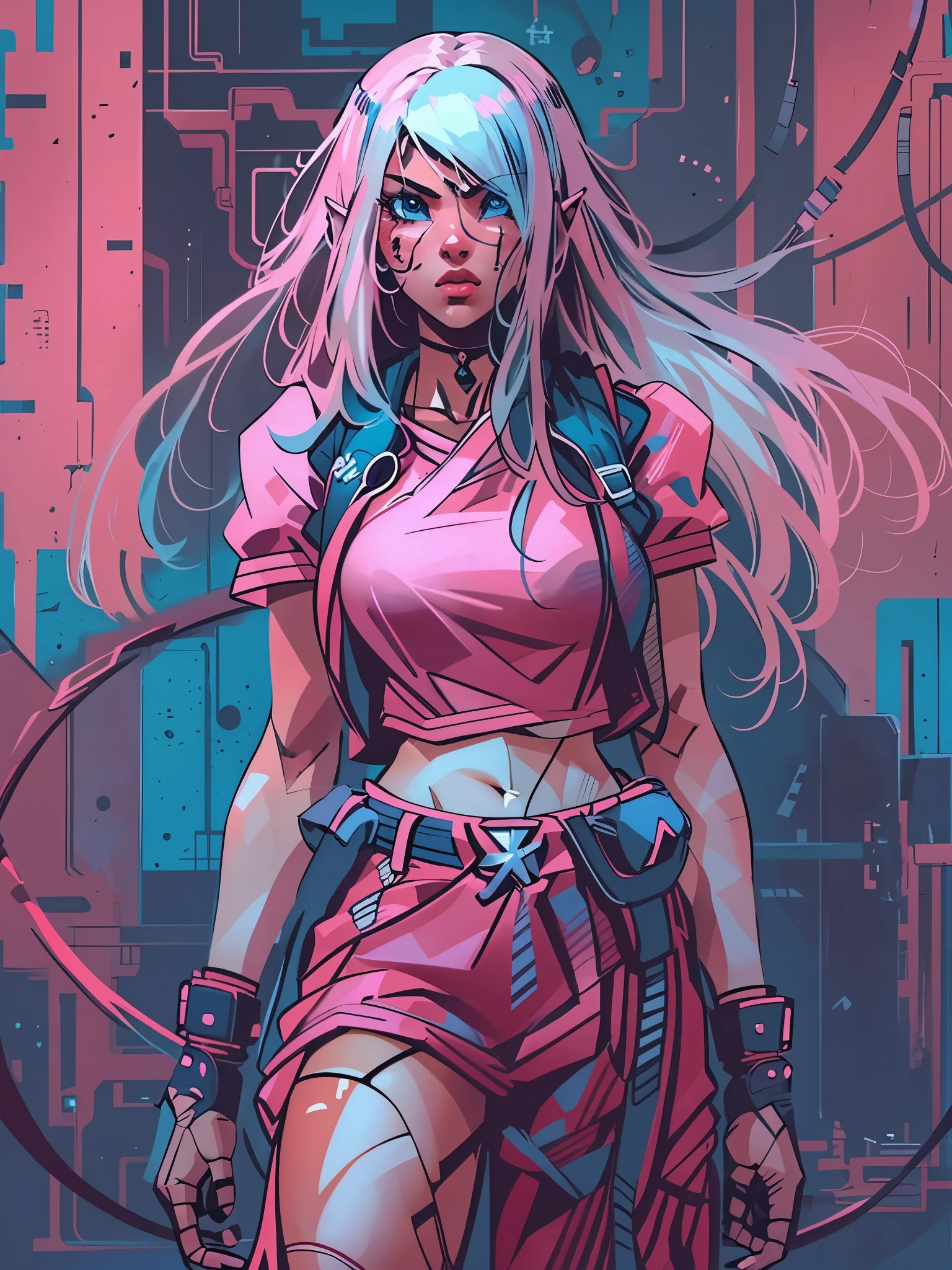 1monk warrior girl with pink techwear clothes, blue long hair, laces, abstract vintage scifi background