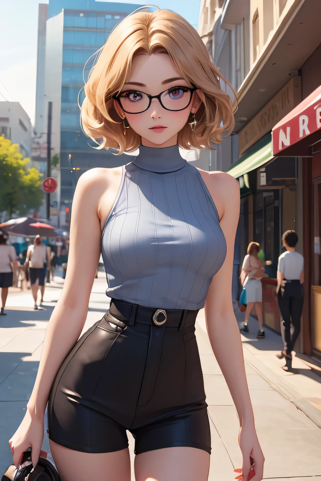 (masterpiece, professional photo:1.1), (8k, high resolution), single, solo women, European, (twirly messy hair (dark blonde)), sexy curve, beautiful face, ultra detail eyes, (glasses:1.1), small breast, (high waist short teal:1.2), (purple high neck:1.2), sexy goddess, street, old beach side build, high quality image