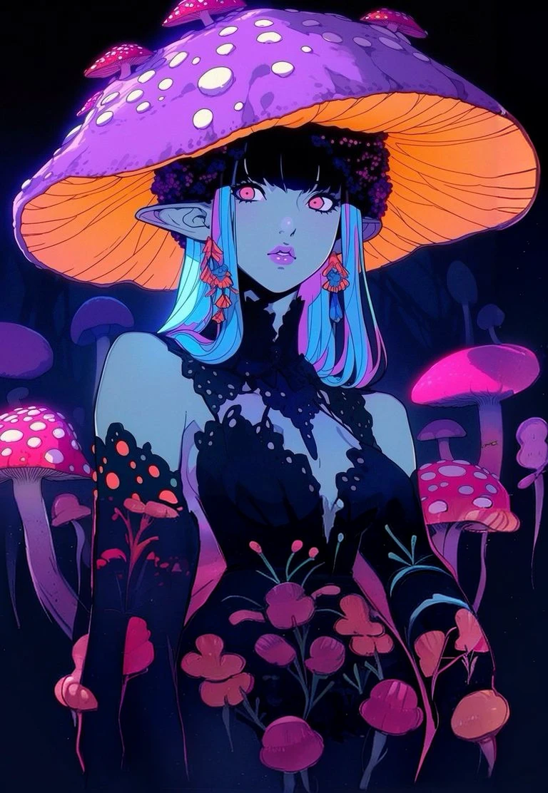 anime girl with purple hat and polka dot dress in front of mucogumelos, dreamy psychedelic anime, cogumelo escuro, anime vibes, neon mucogumelos, anime aesthetic, 80s anime vibe, estilo de arte ufotable, cogumelos, magic mushroom, desenho animado rossdraws vibrante, psychedelic aesthetic, arte cyberpunk de anime, beautiful estilo de arte de anime, arte digital com estilo anime, estilo de arte de anime