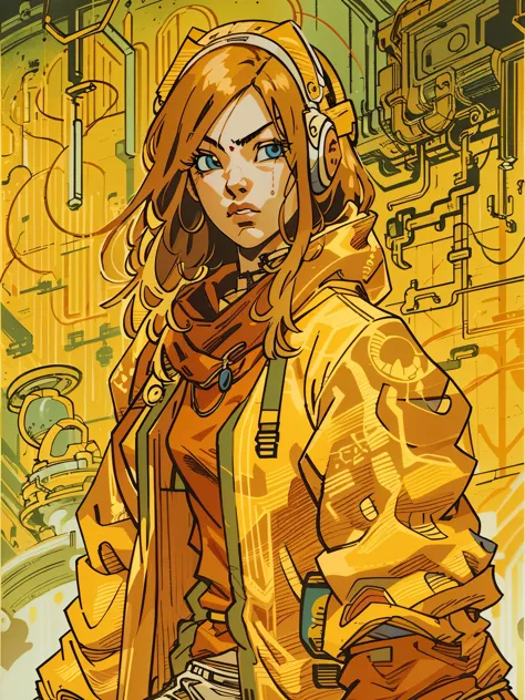 1monk warrior girl with yellow techwear clothes, red long hair, laces, abstract vintage scifi background, art by Moebius, art by...