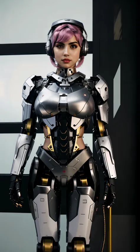 ana de armas is your cosplayer girlfriend, wearing a futuristic headset, a shoulder lenght pink pastel wig, cute bangs, silver chrome robotic suit, large breasts , futuristic headset, mechanical joints,  blank expression, stand up position, robotic, static...