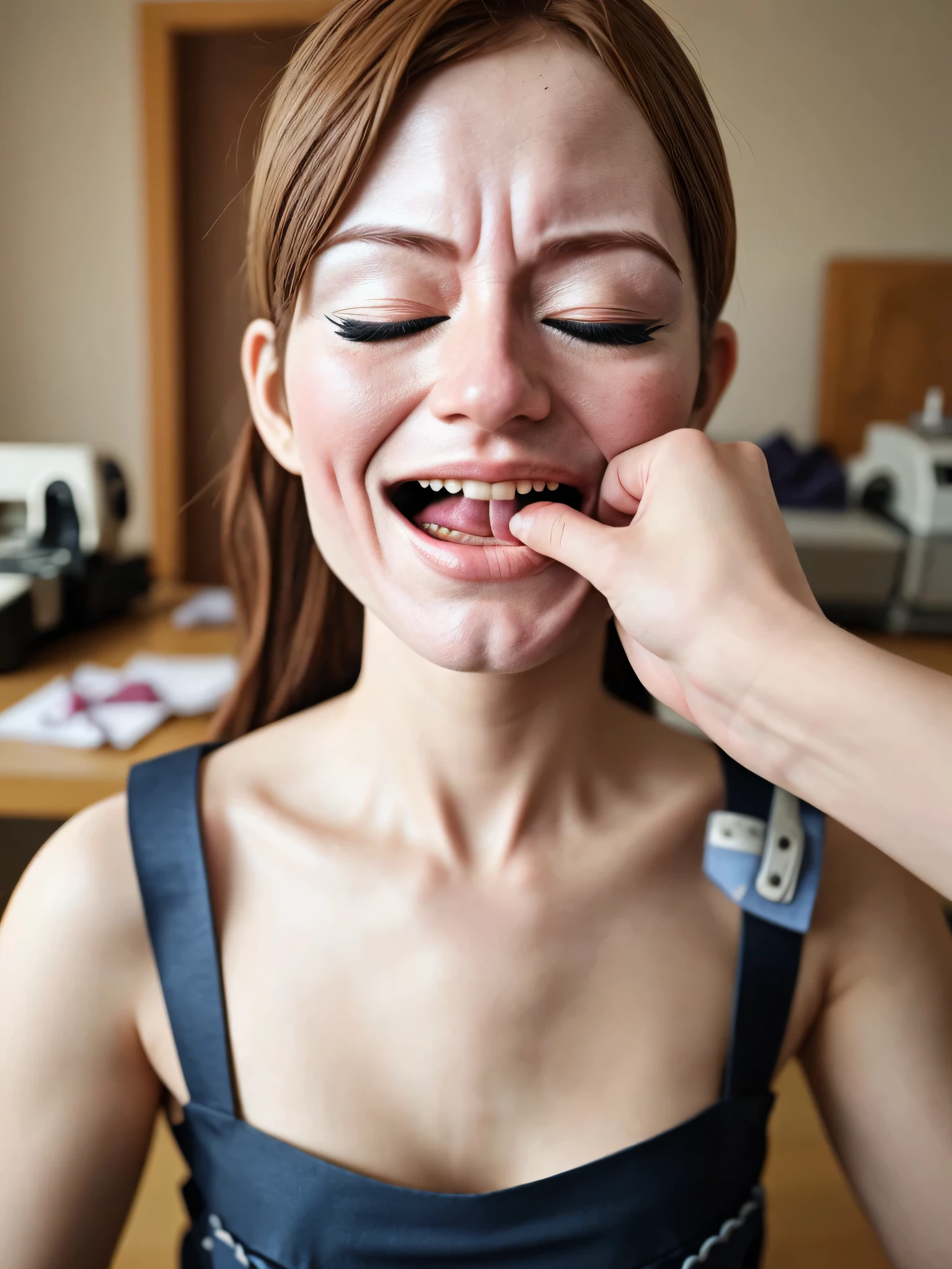 Arafed woman with red hair and a black dress is brushing her teeth - SeaArt  AI