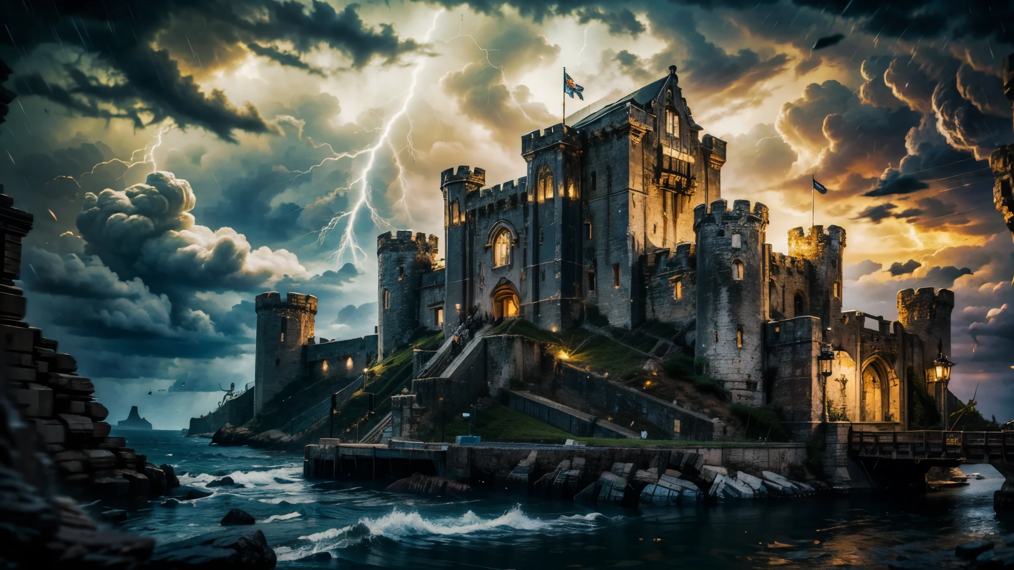 (obra maestra, calidad superior, mejor calidad,extremadamente detallado, calidad perfecta, colores azul oscuro y negro, tierra de la tormenta y el trueno, castillo de tormenta, Castillo medieval, arquitectura vikinga, Asgard, Fantasía oscura, Reino, épico, épico Fantasía oscura, tormenta 