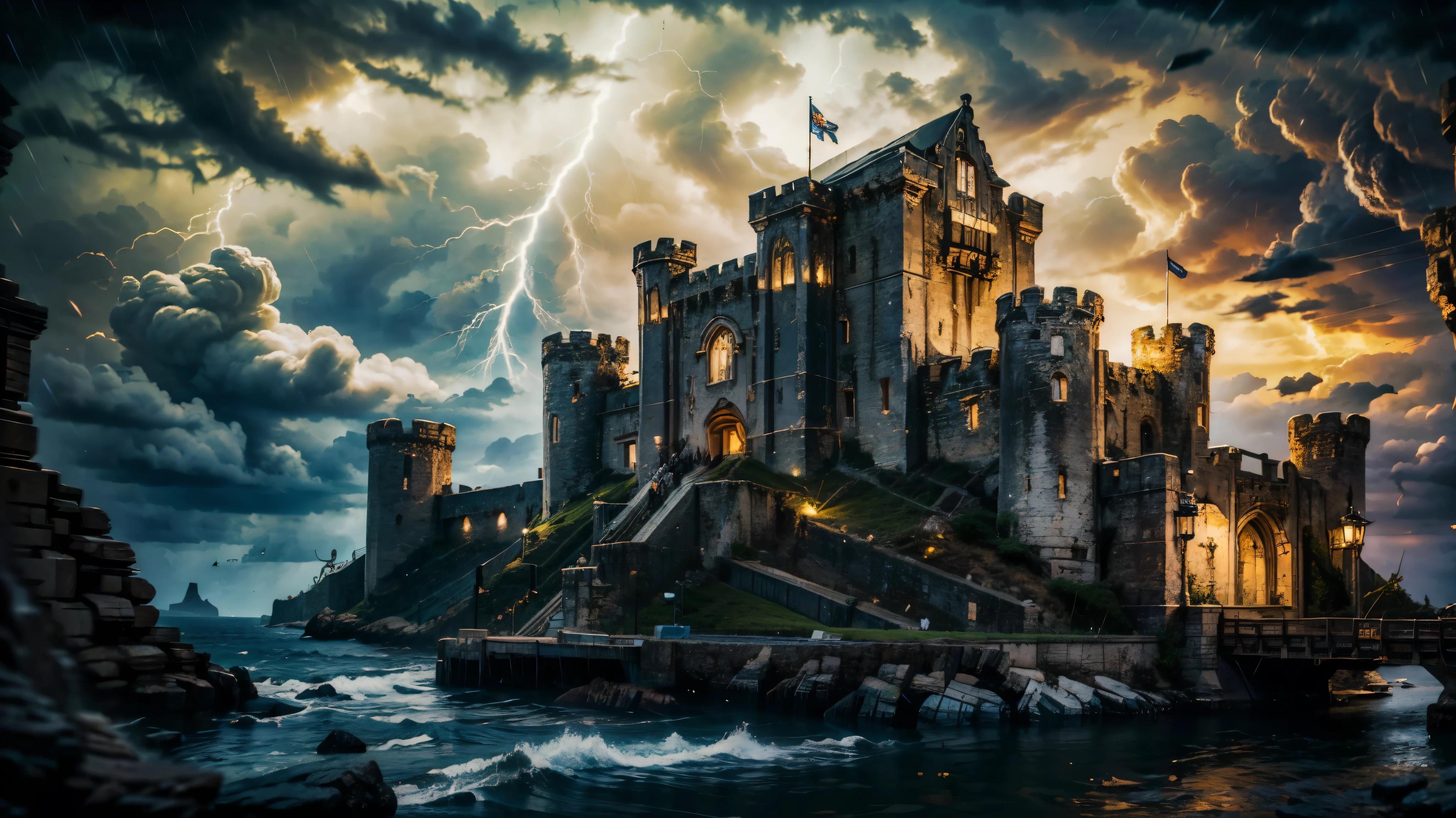 (obra de arte, qualidade máxima, melhor qualidade,extremamente detalhado, qualidade perfeita, cores azul escuro e preto, terra da tempestade e do trovão, castelo da tempestade, Castelo medieval, arquitetura viking, Asgard, fantasia negra, reino, épico, épico fantasia negra, trovoada 