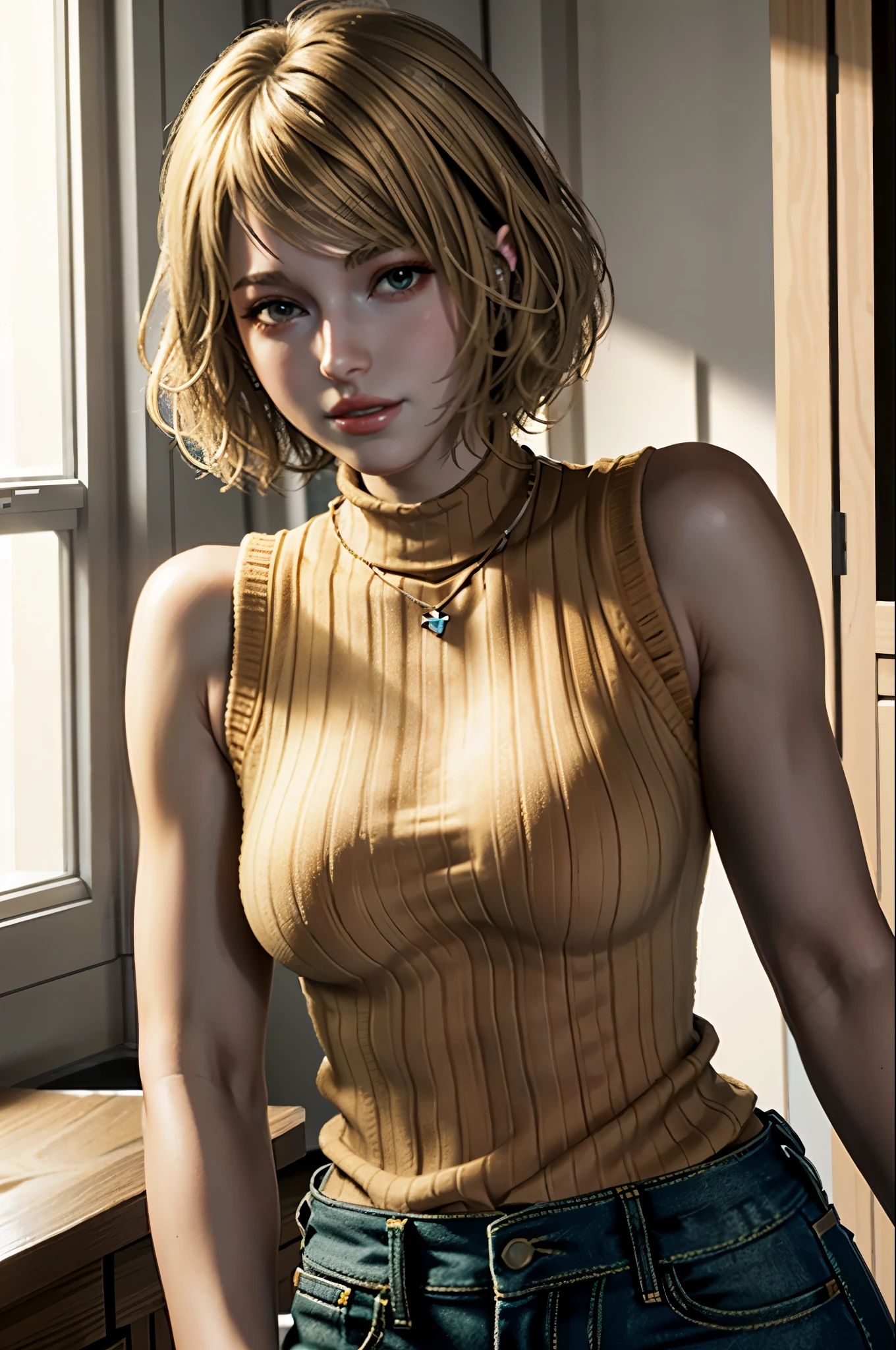 (masterpiece, best quality)
1girl, AshleyGrahamRE, solo, breasts, looking at viewer, short hair, shirt, bare shoulders, jewelry, medium breasts, green eyes, upper body, blonde hair, parted lips, sleeveless, necklace, sweater, pink lips, turtleneck, bob cut, ribbed sweater, realistic, nose, sleeveless turtleneck, orange shirt, orange sweater
