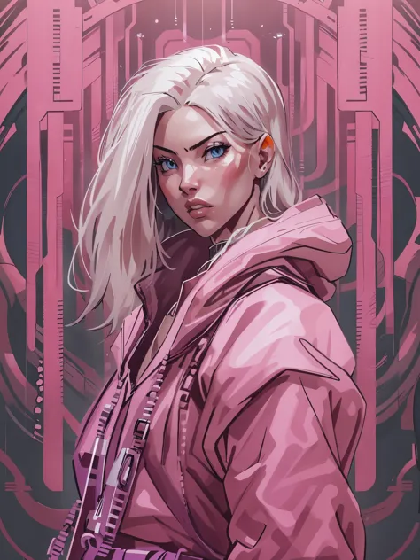 1monk warrior girl with pink techwear clothes, white long hair, laces, abstract vintage scifi background