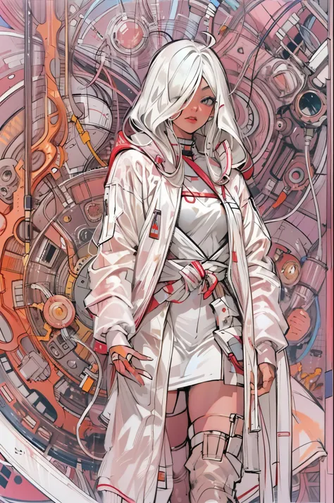 1monk warrior girl with white techwear clothes, white long hair, laces, abstract vintage scifi background, art by moebius, art b...