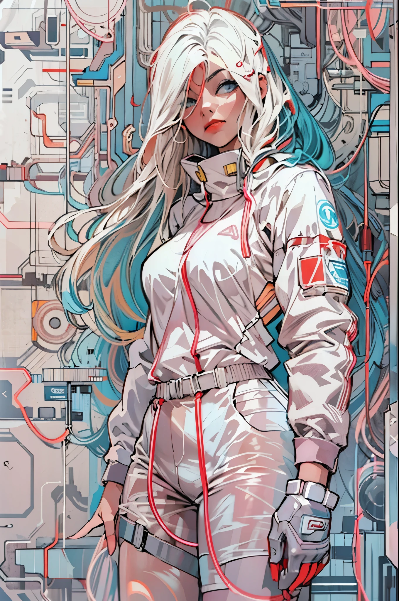 1monk warrior girl with white techwear clothes, white long hair, laces, abstract vintage scifi background, art by Moebius, art by Ashley Wood