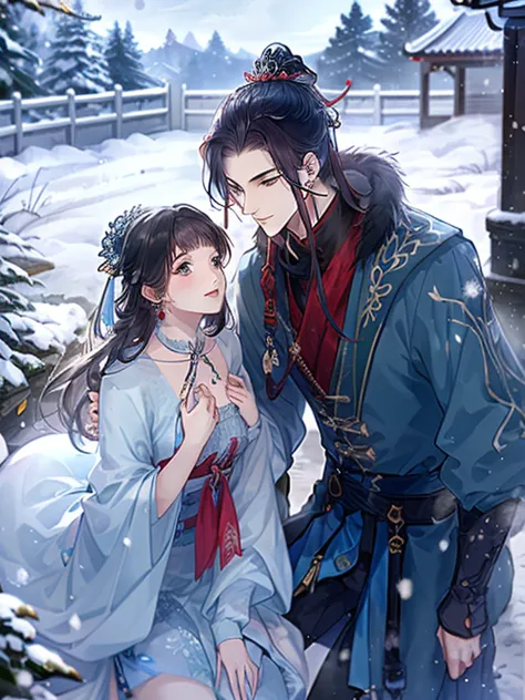 (best quality), ((masterpiece)), (highres), illustration, original, extremely detailed, licg, snow, snowman, 1girl, 1boy, chines...