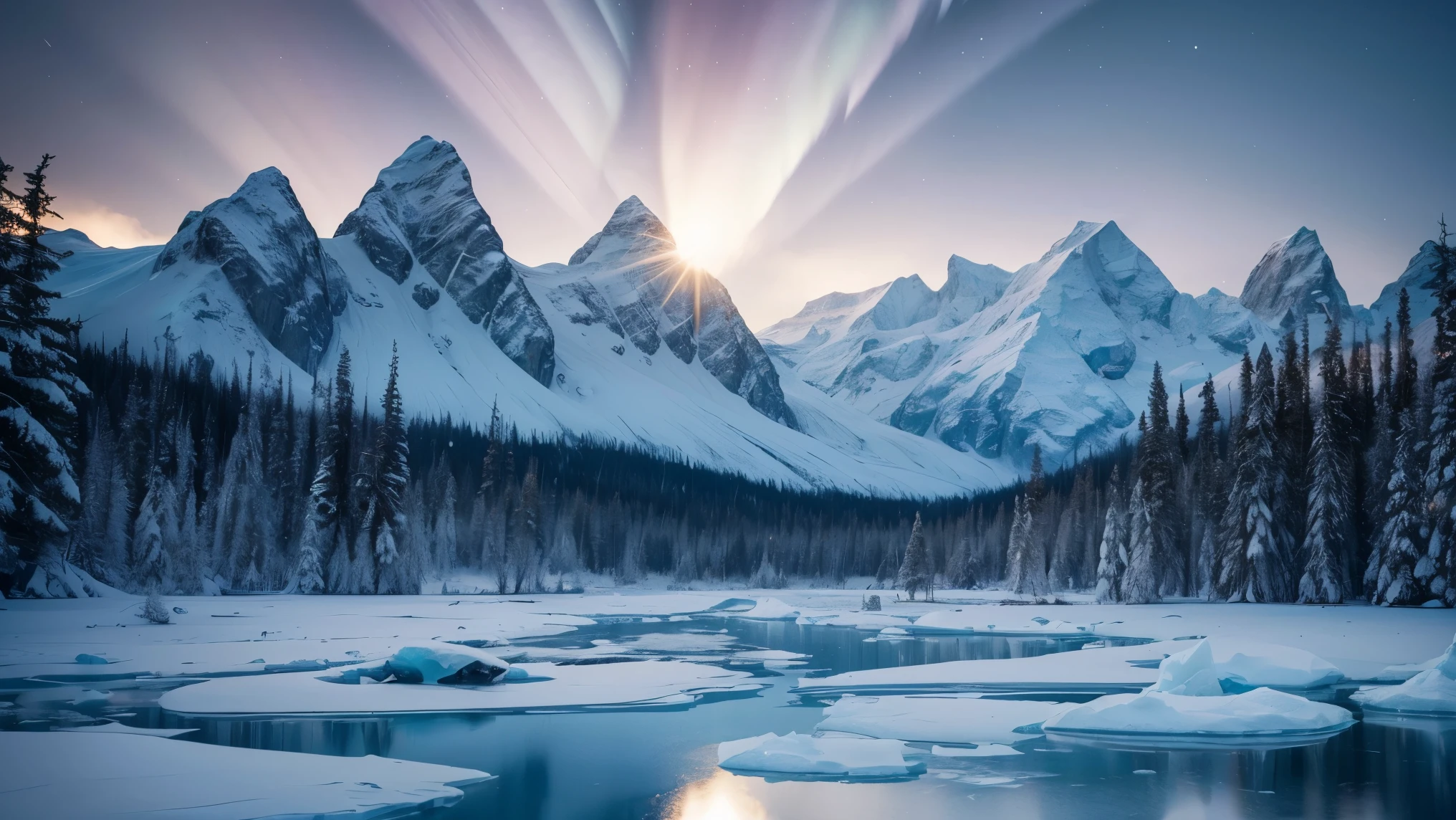 An exquisite arctic landscape painted in various shades of ethereal blue, showcasing the untouched beauty of icy glaciers, sparkling snow-covered peaks, and an expansive frozen forest stretching as far as the eye can see. A landscape with feminine curves. Mounds reminiscent of the 
the shape of generous breasts. The serene atmosphere is intensified by the soft glow of the moon reflecting off the crystalline ice, creating a captivating tableau of pure tranquility and awe-inspiring natural wonders. Northern lights. National geographic style. Masterpiece. UHD.