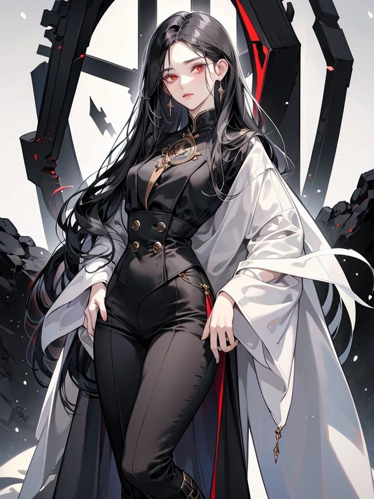 A woman with long straight black hair, sharp and piercing red eyes, skin white as snow, small flushed lips, small face, cold and reserved expression, has an ethereal look, hourglass body, tall.

Wearing a long black and gold fitted uniform with long black pants and boots.