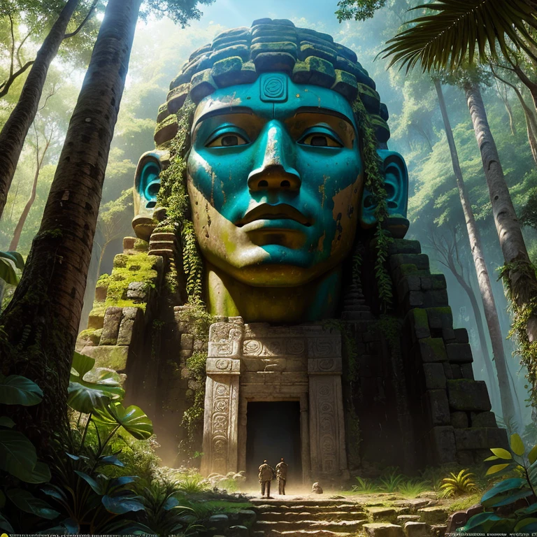 There is a big stone statue in the middle of a jungle, cenote, unreal Maya, stunning splash screen art, Ryan Meinerding, ruin, cenote, imax closeup of face, ruined temple, screenshot of 2020 video game, Moai, inspired by Thomas Corsan Morton, by Arvid Nyholm, epic graphics