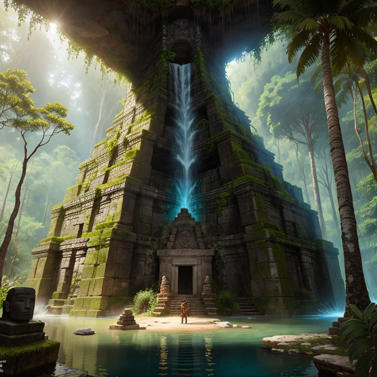 There is a big stone statue in the middle of a jungle, cenote, unreal Maya, stunning splash screen art, Ryan Meinerding, ruin, cenote, imax closeup of face, ruined temple, screenshot of 2020 video game, Moai, inspired by Thomas Corsan Morton, by Arvid Nyholm, epic graphics