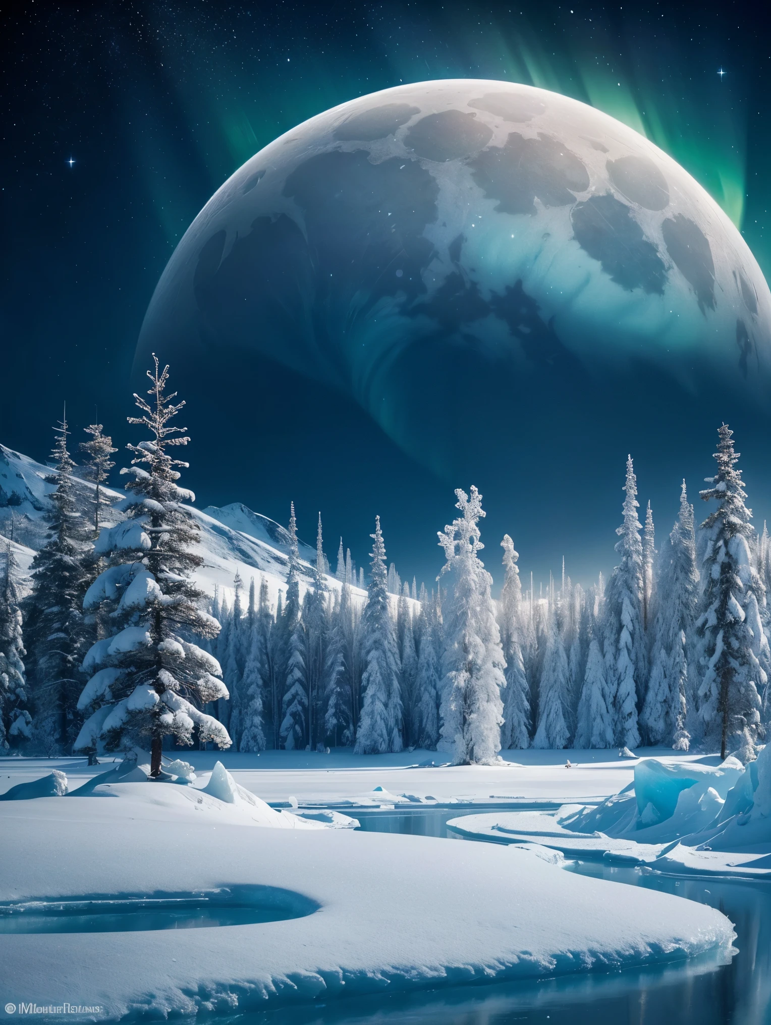 An exquisite arctic landscape painted in various shades of ethereal blue, showcasing the untouched beauty of icy glaciers, sparkling snow-covered peaks, and an expansive frozen forest stretching as far as the eye can see. A landscape with feminine curves. Mounds reminiscent of the 
the shape of generous breasts. The serene atmosphere is intensified by the soft glow of the moon reflecting off the crystalline ice, creating a captivating tableau of pure tranquility and awe-inspiring natural wonders. Northern lights. National geographic style. Masterpiece. UHD.