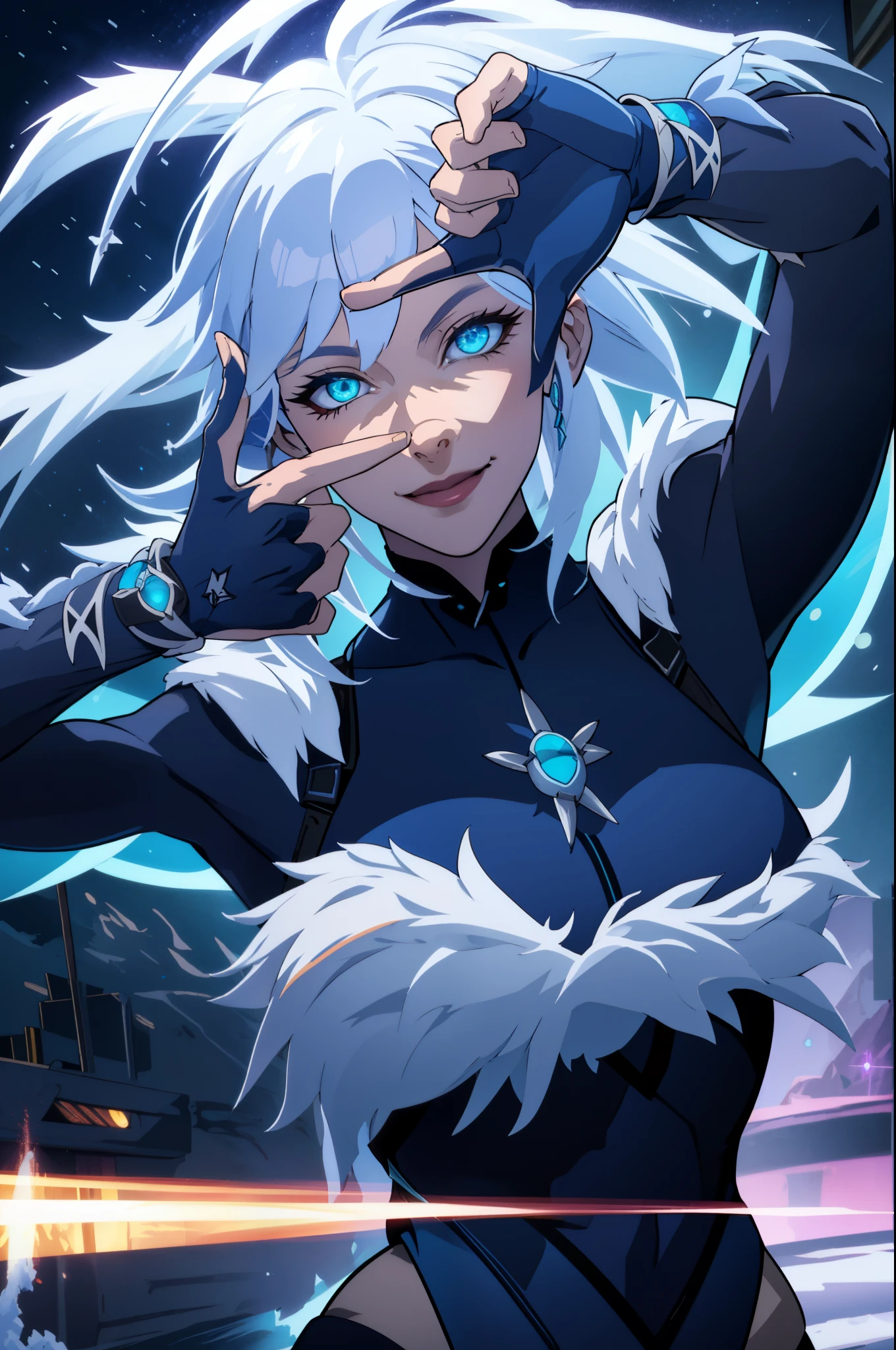 (extremely detailed CG unity 4k wallpaper),(masterpiece),(best quality),(ultra-detailed),(best illustration),(best shadow),(absurdres),(detailed background) Killer frost, smile, finger frame, blizzard, heavy snow, winter, night, white hair, blue eyes, frost magic