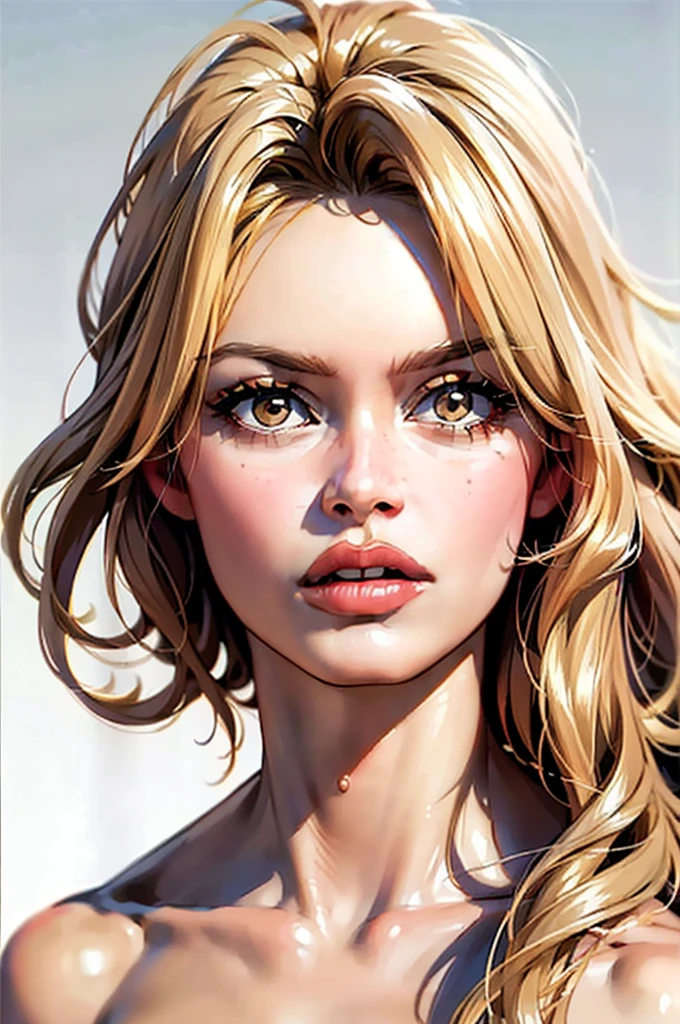 ((bbardot aesthetic)), ((masterpiece)),(((best quality))), ((mature face)), defined cheekbones, high cheekbones, illustration, ((muscular)), ((gold)), sexy bimbo, (large breasts) , blonde hair held by bandeau, ((detailed face:1.4)) beautiful woman, (white skin) , (red lipstick), shiny skin, ((skindentation)), scribbles and marks,(puffy lips) ,  8k,16k, ( background, white background: 1.3) ((warm color palette)), ((ancient aesthetic))