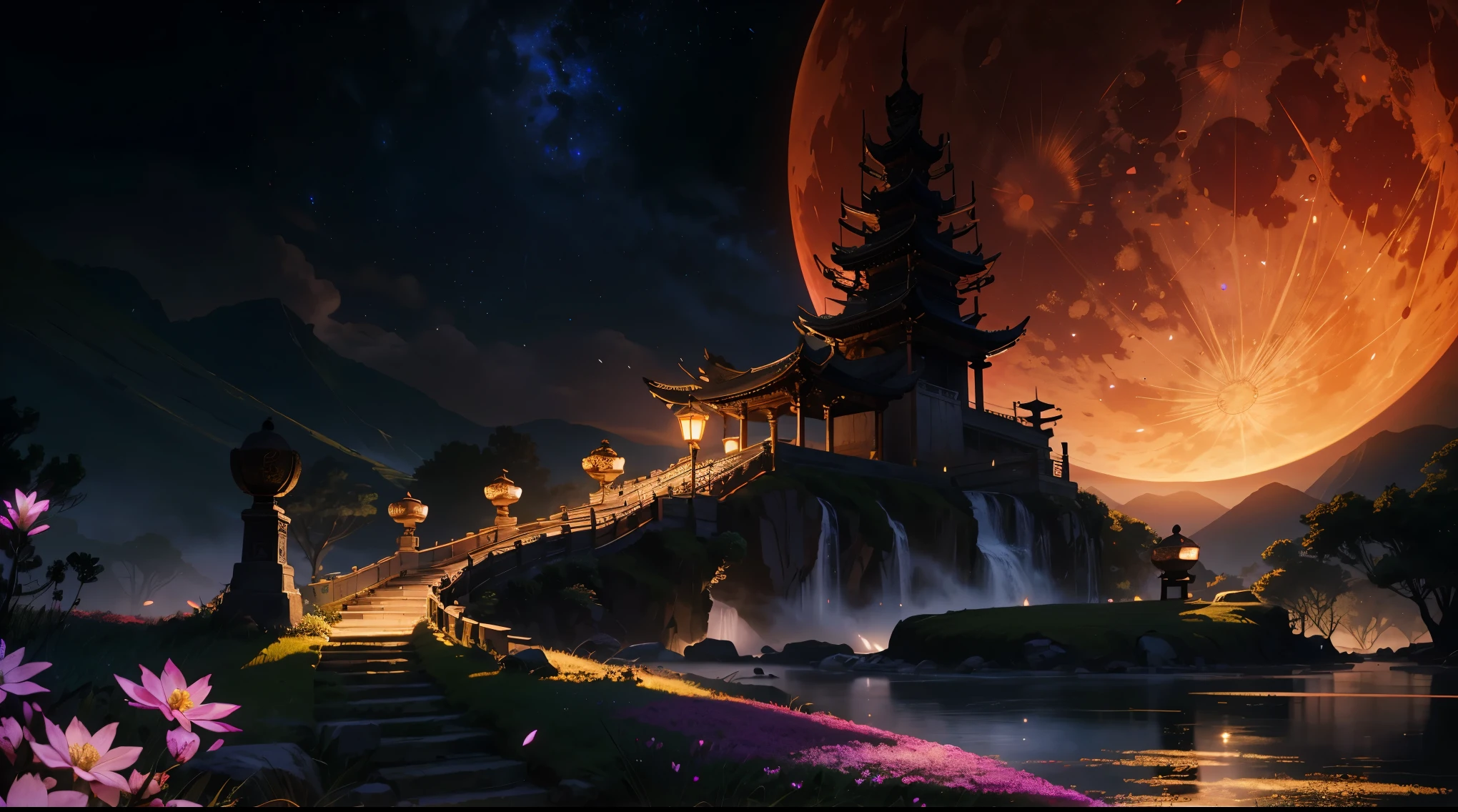 epic quality, atmosphere, nature scenery, wuxia aesthetic, raytracing, smooth, (colorful), (detailed complex busy background: 0.8), fantasy flowers, (night:1.4), intricate details, beautiful glitters, flat illustration, time stop, (ultra-detailed), photon mapping, ((intricate detail)), cinematic lighting, volumetric lighting, (big red moon)