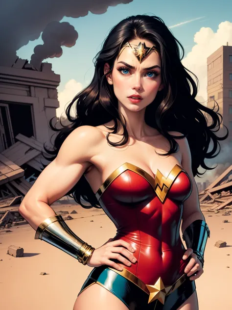 A comic book-style image of Wonder Woman, with her as the central figure. She is standing with her hands on her hips, looking straight ahead with determination. She wears a red, blue and gold outfit, with a white star on her chest and a golden tiara on her...