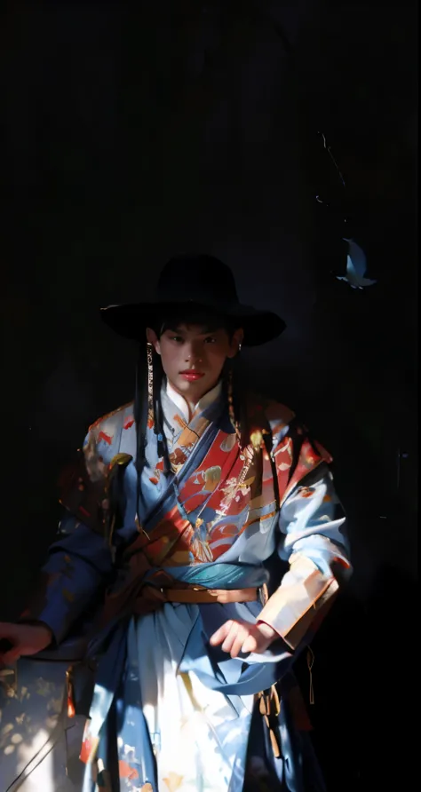 A young man，very young，Wearing a flying fish suit，head down，glare，HD，The painting style is quiet，Warm tones，Traditional Chinese ...