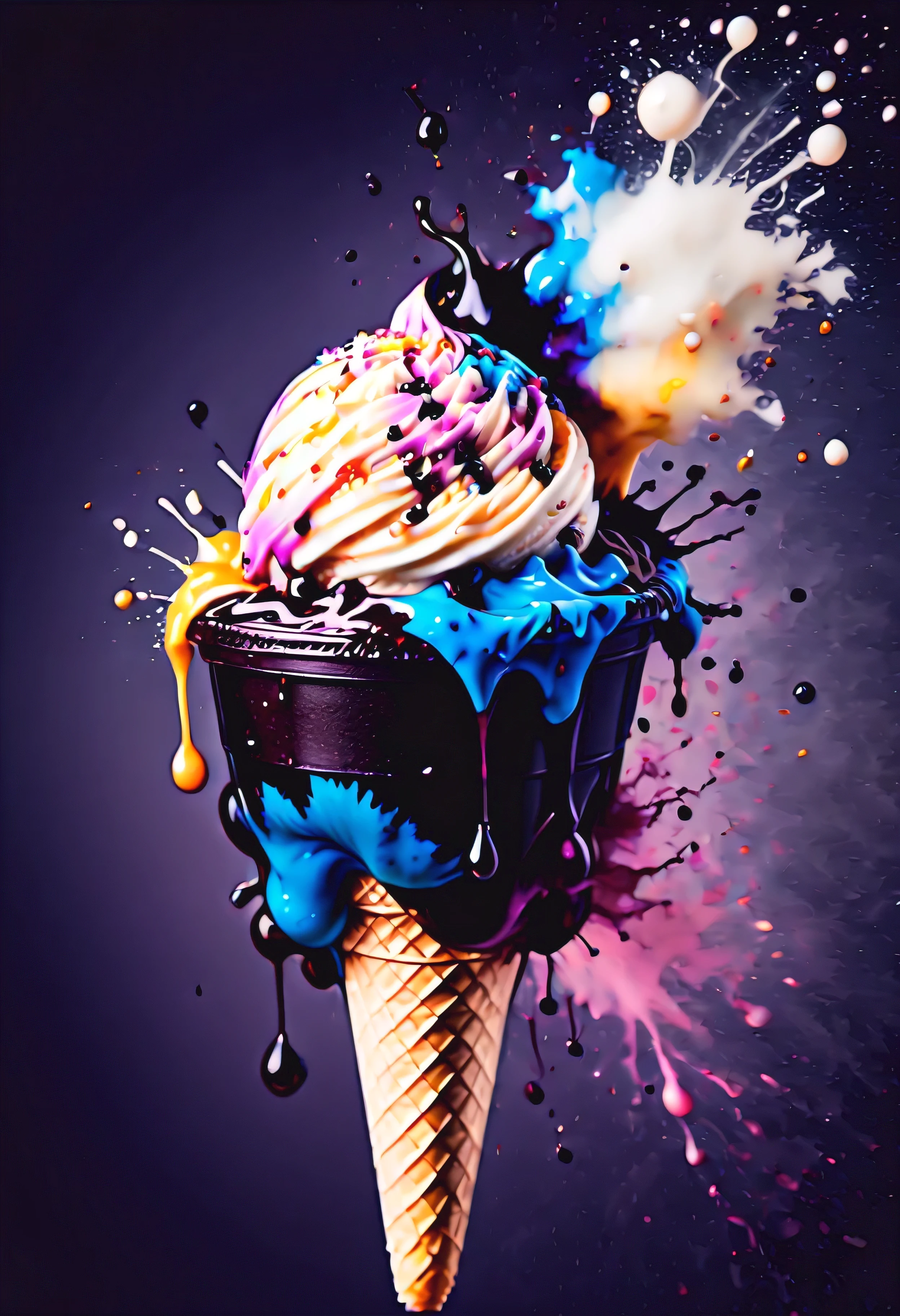 ((Masterpiece in maximum 16K resolution):1.6),((soft_color_photograpy:)1.5), ((ink_splatter_styles):1.4),((Movie-like still images and dynamic angles):1.3),| Macro shot, cinematic photo of a napolitano ice cream, ink_splatter_style, dark shot, film grain, extremely detailed, All captured with sharp focus.