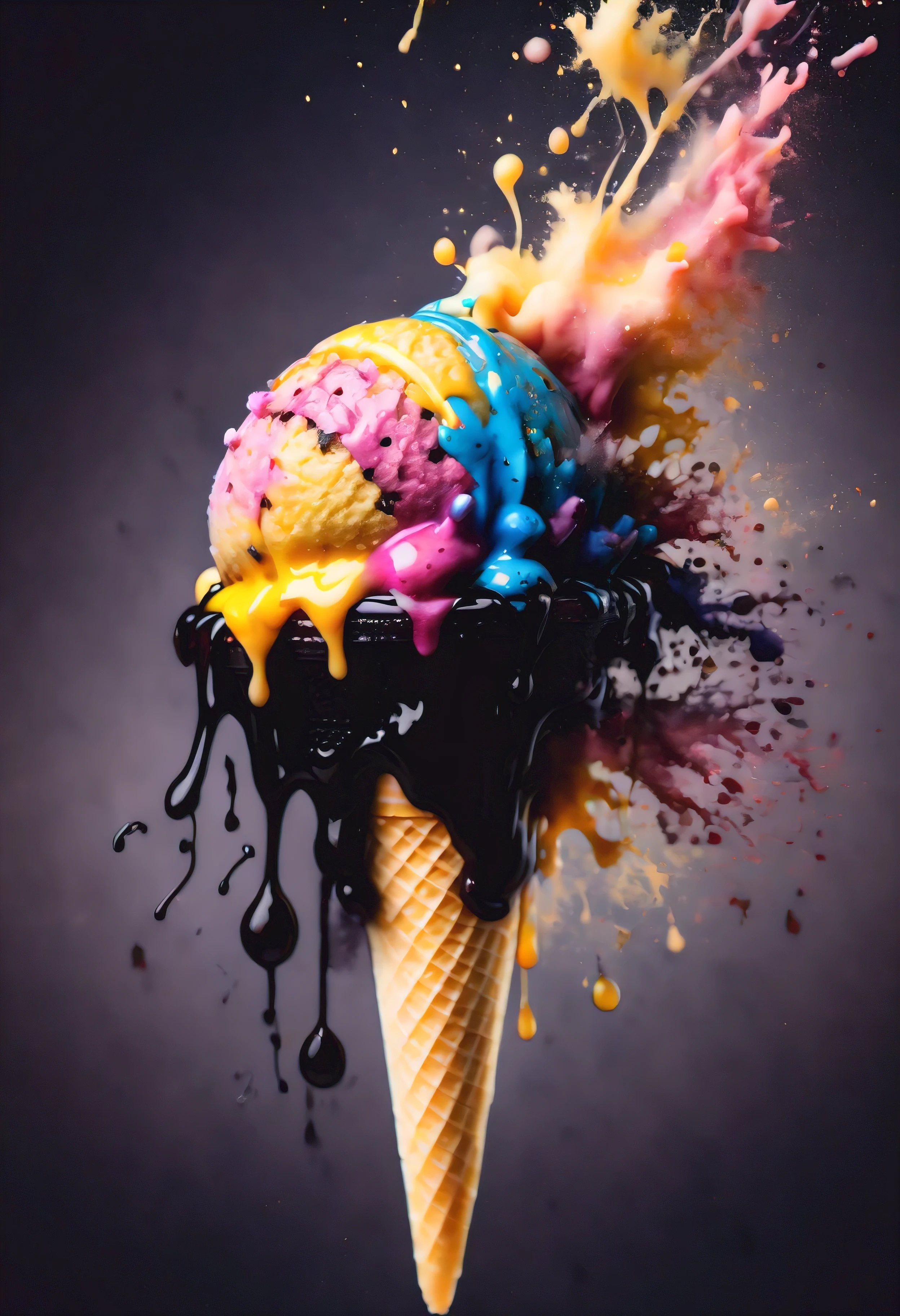 ((Masterpiece in maximum 16K resolution):1.6),((soft_color_photograpy:)1.5), ((ink_splatter_styles):1.4),((Movie-like still images and dynamic angles):1.3),| Macro shot, cinematic photo of a napolitano ice cream, ink_splatter_style, dark shot, film grain, extremely detailed, All captured with sharp focus.