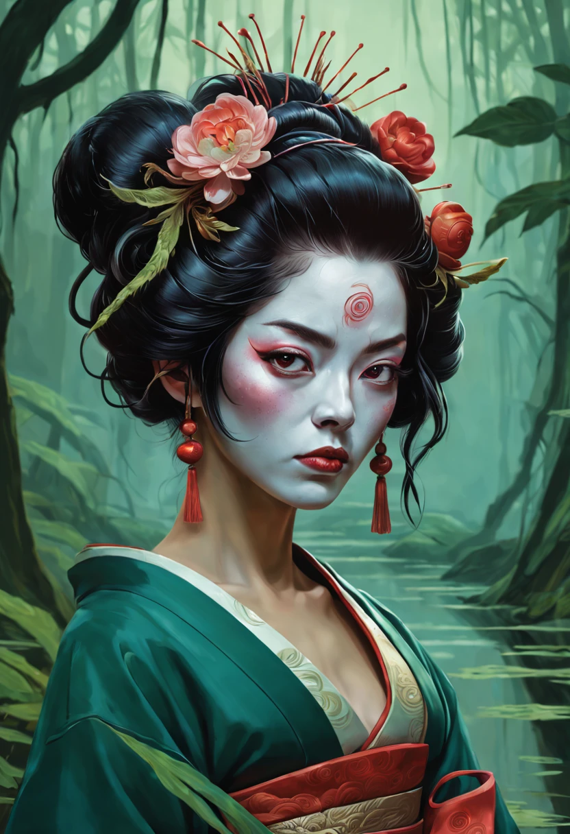 - Jaime Vives Piqueres - half body portrait, geisha cyberpunk lovecraftienne dans le multivers des marais, par Andrei Riabovitchev, par Viktor Mikhaïlovitch Vasnetsov, une attention minutieuse aux détails, très détaillé, pointu, primé, qualité nette, étonnant, primé, accablant, spectaculaire, merveilleux, éblouissant, délicat, captivant, très stylé, visage parfait, chic, Sublime, onirique, glamour, enchanteur, dur en vedette, pas beau, défiguré, peu engageant, affreux