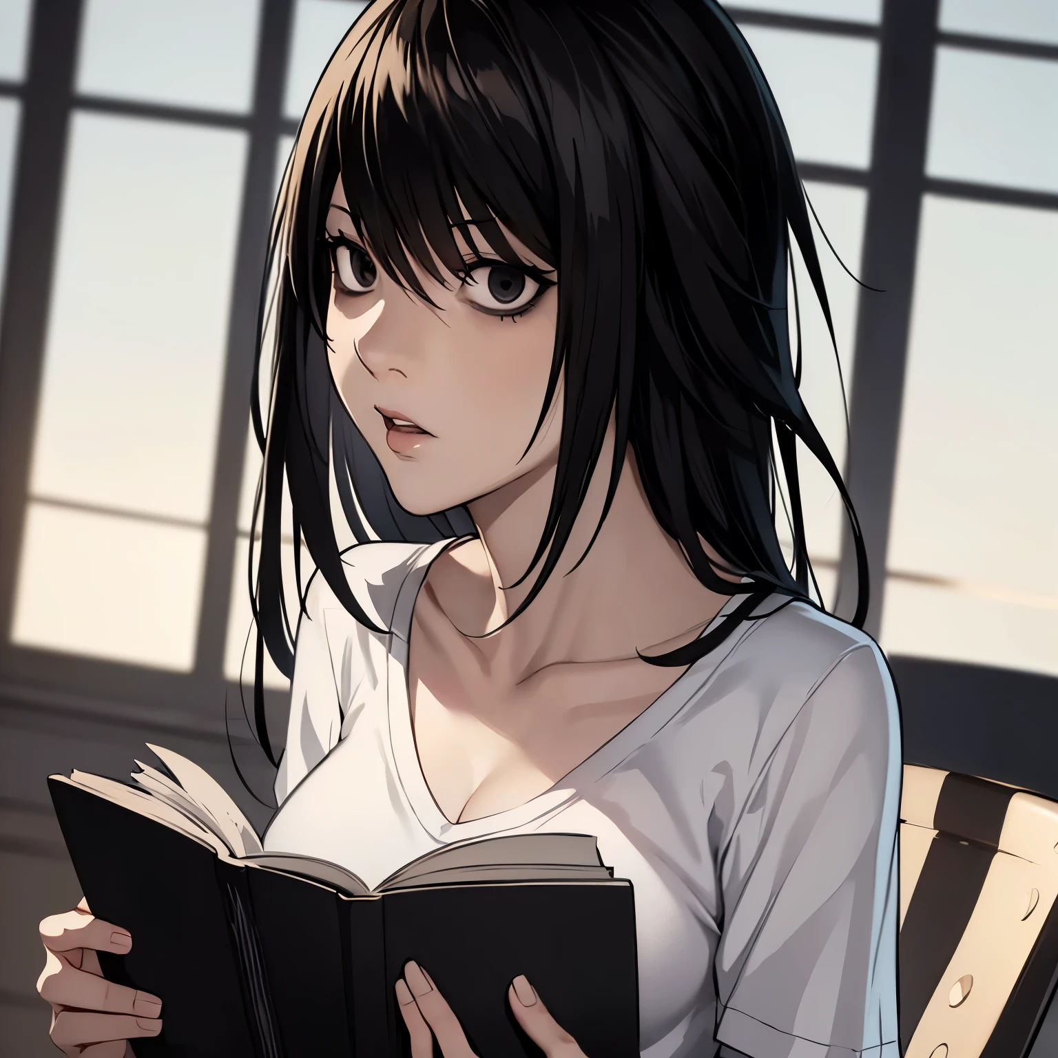 8k, boquilla, ((una mujer hermosa)),((dibujo de nota de muerte)), L cuerpo femenino en solitario, ((una mujer hermosa)), ((ojos negros)), pelo largo, pelo negro, camiseta blanca camisa leyendo un libro