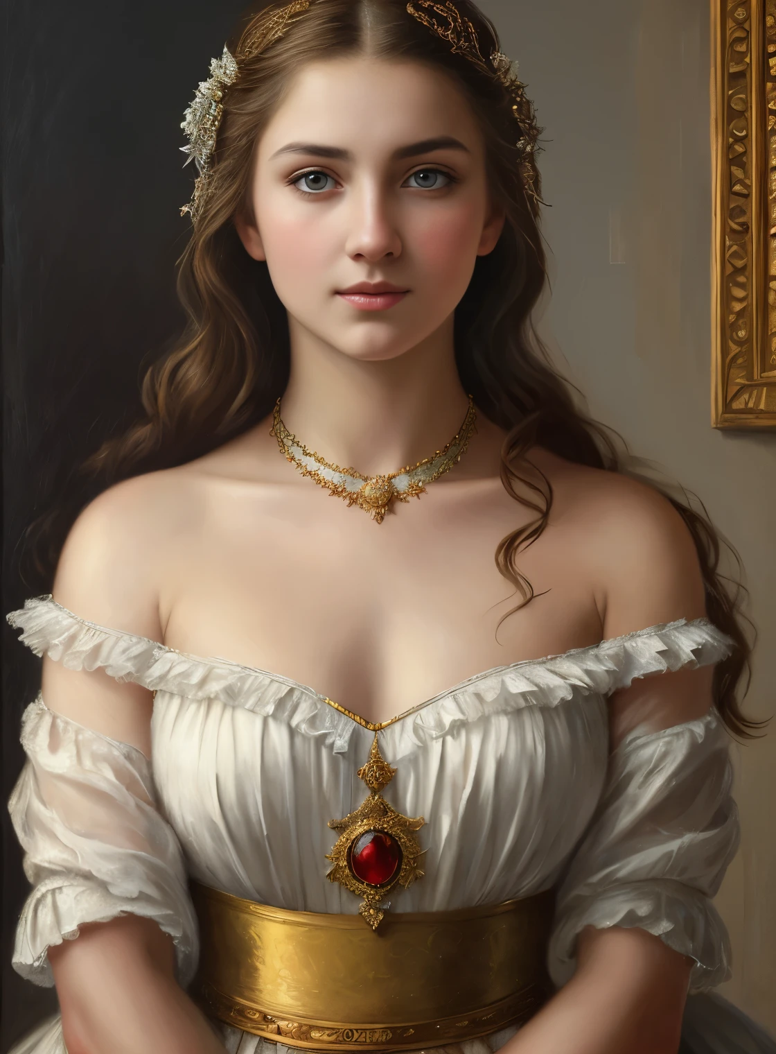 portrait, girl, middle ages, classicism, andrey atroshenko style, painting, pierced eyes, beautifully styled hair, traditional media, realistic, figurative, fine art, oil on canvas, HDR, 8K, original character, high resolution, high detail, focus on the face, beautiful eyes 