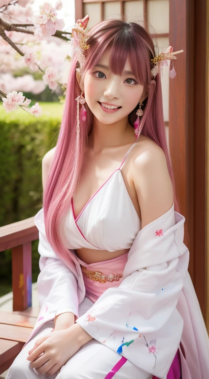 1 girl, (Ulzzang-6500:0.7), K-POP idol, yae miko, removed sleeve, bare shoulders, pink hair, long hair, kimono, highest quality, (painting:1.5), (hair ornaments:1.35), jewelry, purple eyes, earrings, chest, torii,  cherry blossoms,  lantern light, Depth of bounds written, detailed face, face focus, ribbon_trim, (looking at the viewer:1.25), non-traditional shrine maiden, shiny skin, long sleeve, smile, thick lips, game CG, put your hand on your lips, east asian architecture, (blurred background:1.2), sitting, Upper body,pussy