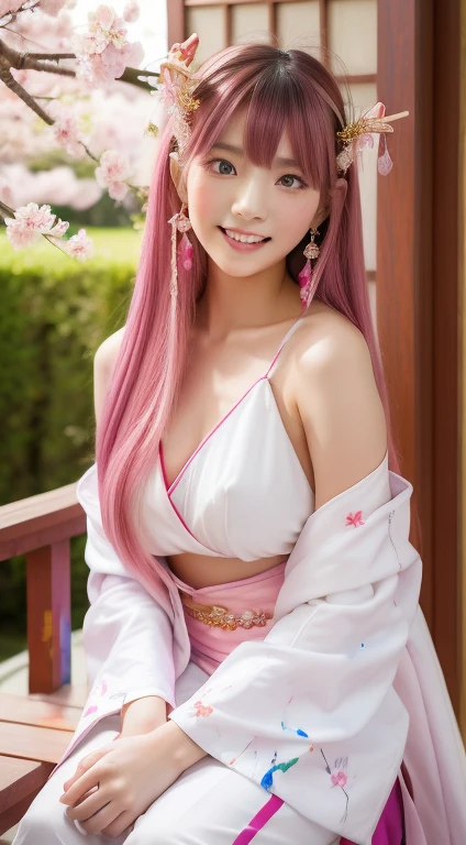 1 fille, (Ulzzang-6500:0.7), Idole de la K-pop, ouais miko, Manchon retiré, Épaules nues, cheveux roses, cheveux longs, kimono, la plus haute qualité, (Peinture:1.5), (ornements de cheveux:1.35), bijoux, yeux violets, des boucles d&#39;oreilles, poitrine, torii,  fleurs de cerisier,  lumière de la lanterne, Profondeur des limites écrites, Visage détaillé, Mise au point du visage, ruban_garniture, (Regarder le spectateur:1.25), Jeune fille du sanctuaire non traditionnelle, peau brillante, Manche longue, sourire, lèvres charnues, Jeu CG, mets ta main sur tes lèvres, architecture est-asiatique, (Arrière-plan flou:1.2), Séance, Haut du corps,Chatte