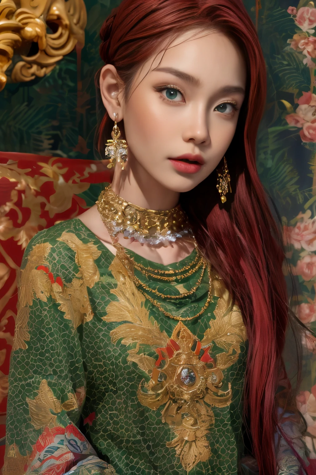 photorealistic, high resolution, 1 girl with layka face, layka, malay, hips up, beautiful green eyes, red hair, silk tibet pattern inspired streetwear, classic tibet clothing, gold bracelets,elegant necklace, elegant diamond earrings, radiance.