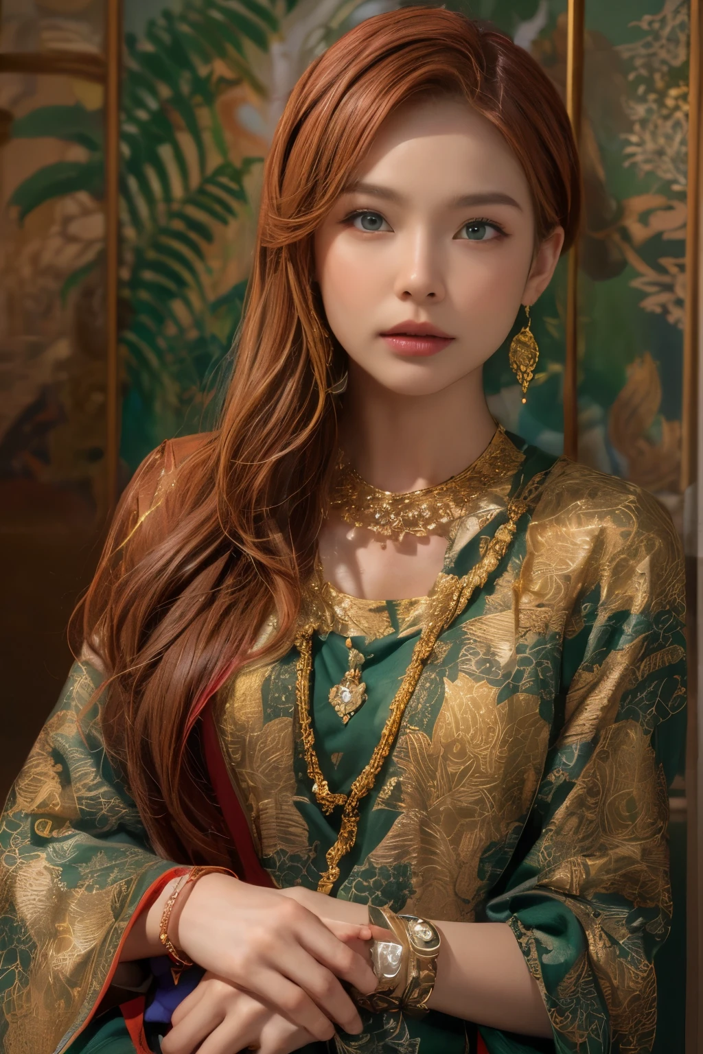 photorealistic, high resolution, 1 girl with layka face, layka, malay, hips up, beautiful green eyes, red hair, silk tibet pattern inspired streetwear, classic tibet clothing, gold bracelets,elegant necklace, elegant diamond earrings, radiance.