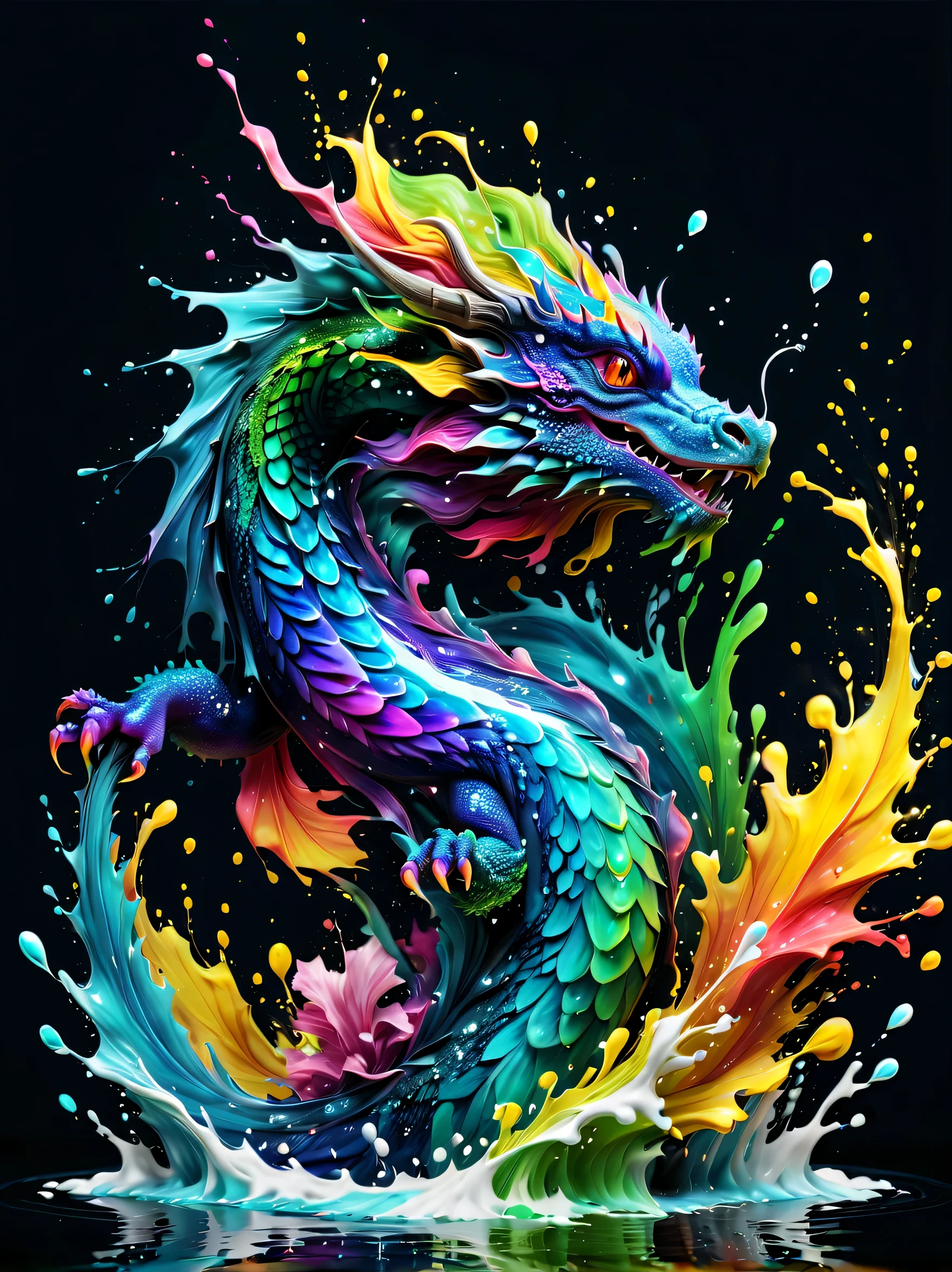 Expressing the flow of ink dancing in the wind,water effects,colorful water,A water dragon is swimming in the ink,dragon&#39;The body is smooth and streamlined.,Ink splash,Sparkling,Bright colors,light reflection,rich colors,abstract,3D,8K,High resolution,masterpiece,high quality,Detailed details,Colors of the rainbow,laugh mischievously,tricky,design,fun,bright colors,splash of water,invite you to the world of art,wonderful,dim background