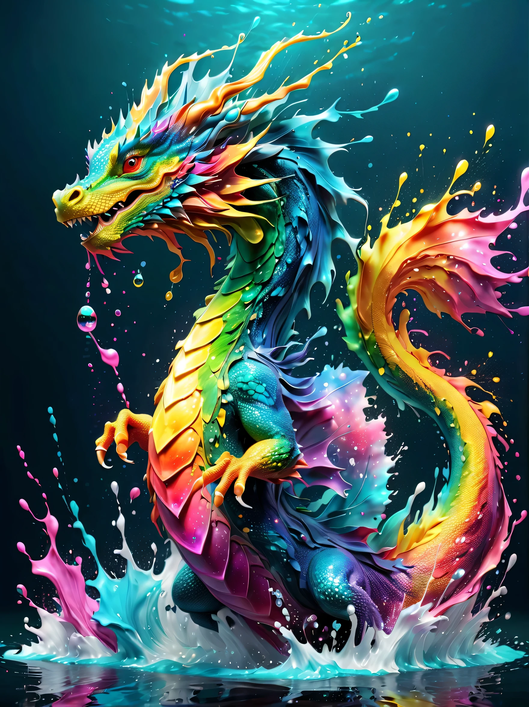 Expressing the flow of ink dancing in the wind,water effects,colorful water,A water dragon is swimming in the ink,dragon&#39;The body is smooth and streamlined.,Ink splash,Sparkling,Bright colors,light reflection,rich colors,abstract,3D,8K,High resolution,masterpiece,high quality,Detailed details,Colors of the rainbow,laugh mischievously,tricky,design,fun,bright colors,splash of water,invite you to the world of art,wonderful,dim background