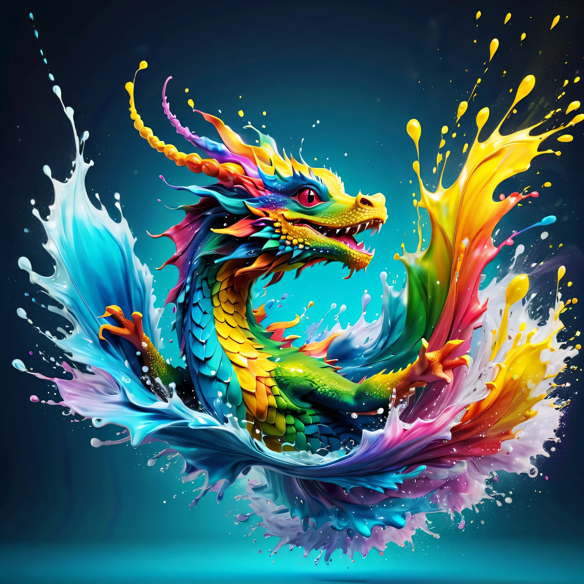 Expressing the flow of ink dancing in the wind,water effects,colorful water,A water dragon is swimming in the ink,dragon&#39;The body is smooth and streamlined.,Ink splash,Sparkling,Bright colors,light reflection,rich colors,abstract,3D,8K,High resolution,masterpiece,high quality,Detailed details,Colors of the rainbow,laugh mischievously,tricky,design,fun,bright colors,splash of water,invite you to the world of art,wonderful,dim background