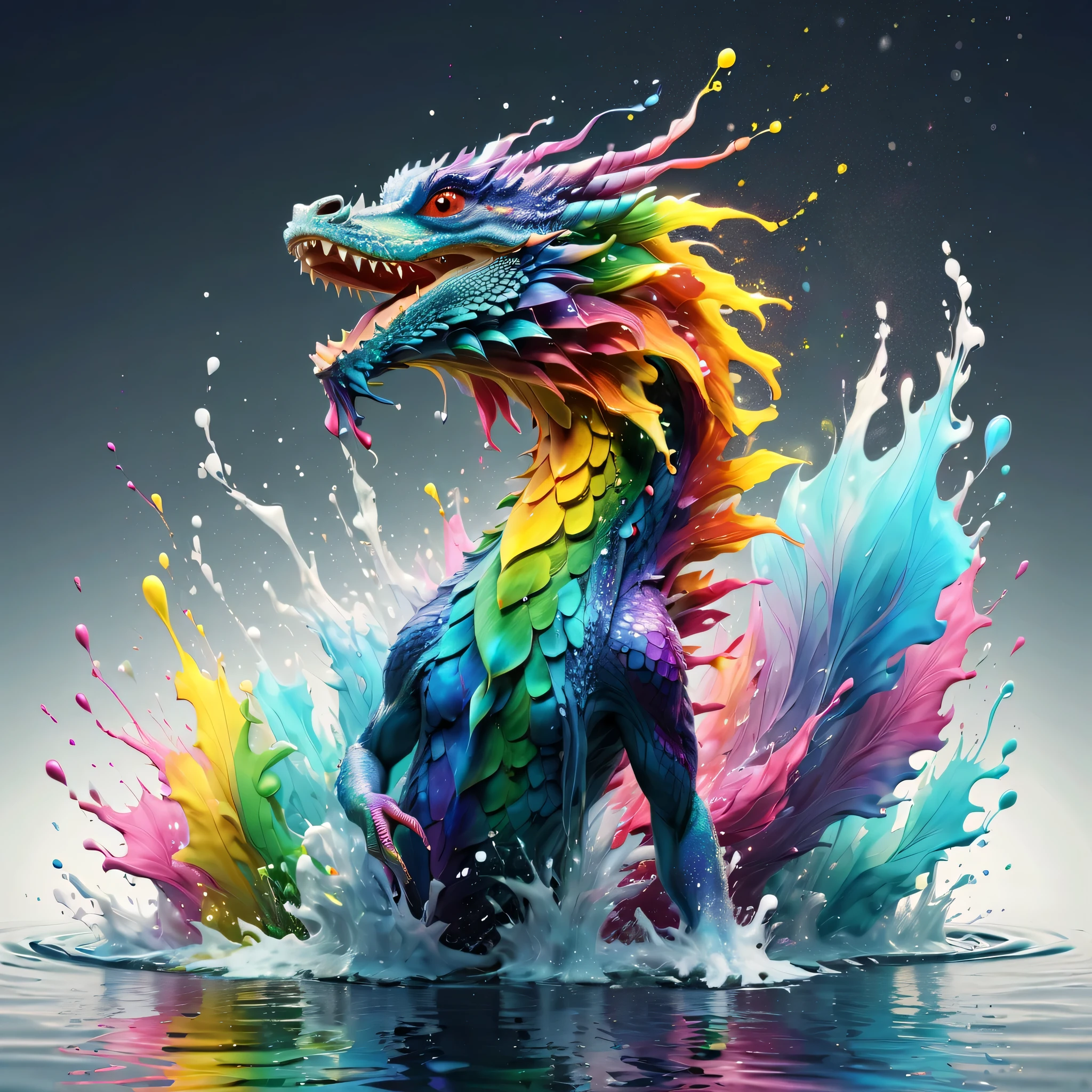 Expressing the flow of ink dancing in the wind,water effects,colorful water,A water dragon is swimming in the ink,dragon&#39;The body is smooth and streamlined.,Ink splash,Sparkling,Bright colors,light reflection,rich colors,abstract,3D,8K,High resolution,masterpiece,high quality,Detailed details,Colors of the rainbow,laugh mischievously,tricky,design,fun,bright colors,splash of water,invite you to the world of art,wonderful,dim background