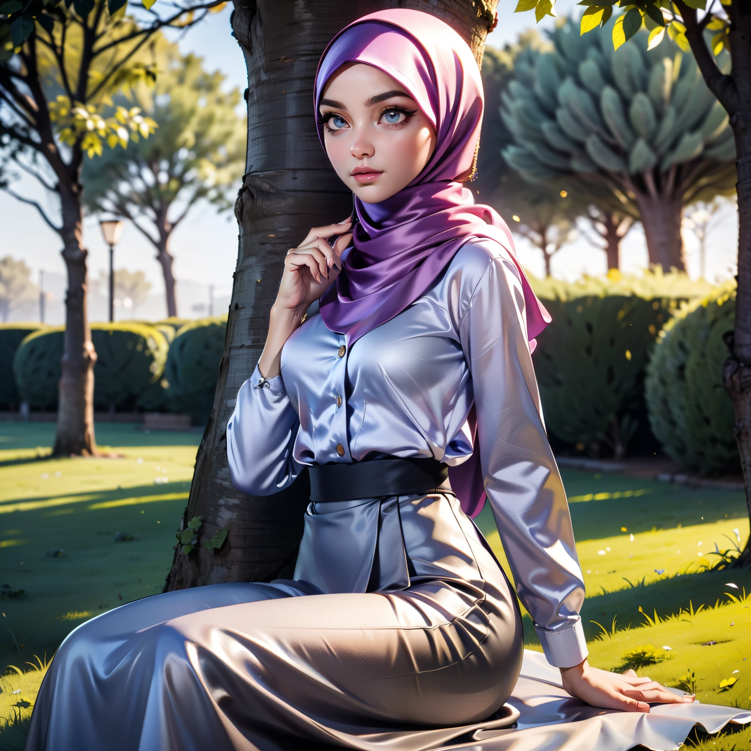 3DMM, ((Masterpiece, best quality, photography, detailed skin, realistic, photo-realistic, 8k, highly detailed, full length frame, High detail RAW color art, diffused soft lighting, shallow depth of field, sharp focus, hyperrealism, cinematic lighting, hijab, a woman in a beautifully makeup, smokey eyeshadow, beautiful big eyes, long eye lashes, wearing (Taupe satin hijab), loosely tide hijab style, ((gray satin shirt)), satin long maxi skirt, reading, sitting under tree, garden