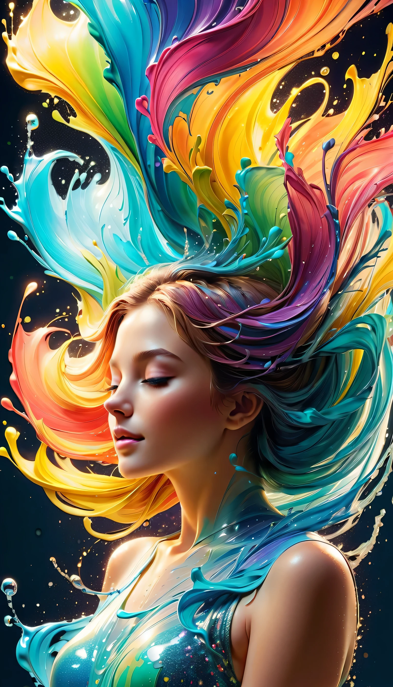 Expressing the flow of ink dancing in the wind,water effects,colorful water,goddess:govern the arts:Manipulating water:rich hair:sleeoing:perfect face:beautiful:17 years old:healthy,Ink splash,Sparkling,Bright colors,light reflection,rich colors,abstract,3D,8K,High resolution,masterpiece,high quality,Detailed details,Colors of the rainbow,laugh mischievously,tricky,design,fun,bright colors,splash of water,invite you to the world of art,wonderful,dim background