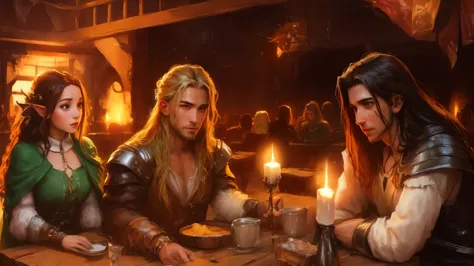 the situation in the tavern: a handsome elf man with long hair is sitting and drinking ale, against the background of three girl...