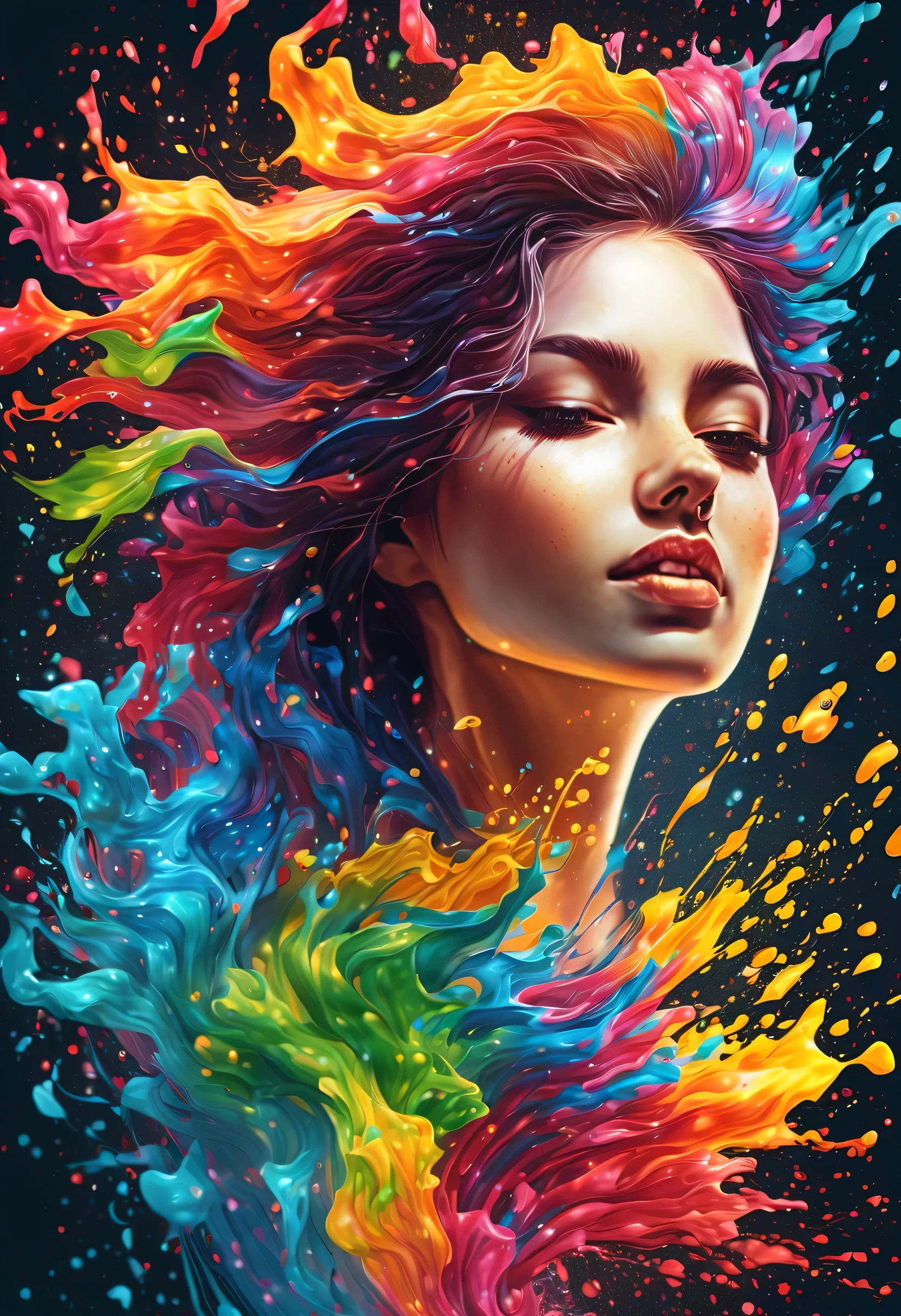Expressing the flow of ink dancing in the wind,water effects,colorful water,goddess:govern the arts:Manipulating water:rich hair:sleeoing:perfect face:beautiful:17 years old:healthy,Ink splash,Sparkling,Bright colors,light reflection,rich colors,abstract,3D,8K,High resolution,masterpiece,high quality,Detailed details,Colors of the rainbow,laugh mischievously,tricky,design,fun,bright colors,splash of water,invite you to the world of art,black background