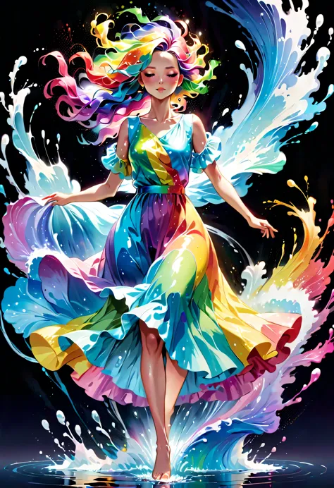 Expressing the flow of ink dancing in the wind,water effects,colorful water,goddess:govern the arts:Manipulating water:rich hair:perfect face:beautiful:wearing a rainbow colored dress:elegant:Knee-length dresses,Ink splash,Bright colors,light reflection,ri...